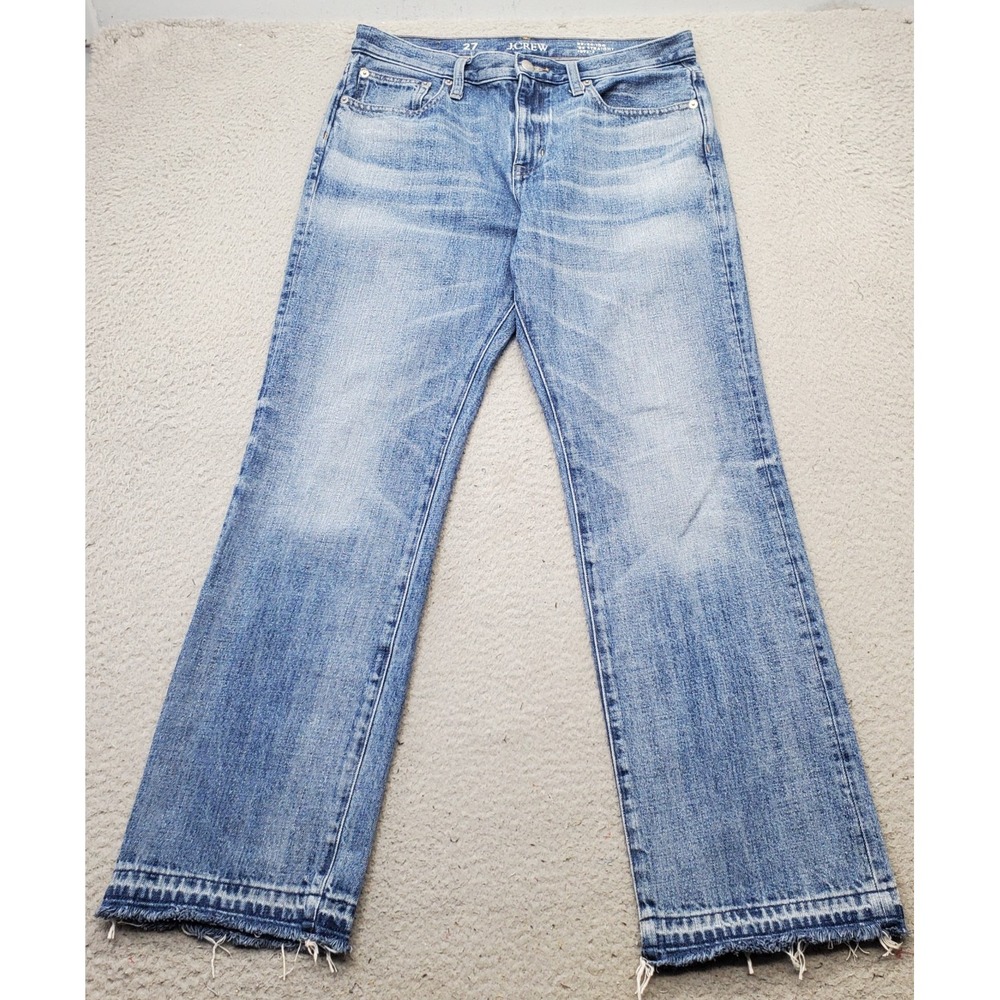 J.Crew Jeans Womens 27 Blue Denim Faded Frayed Hem Whiskered Straight Leg 9692-3